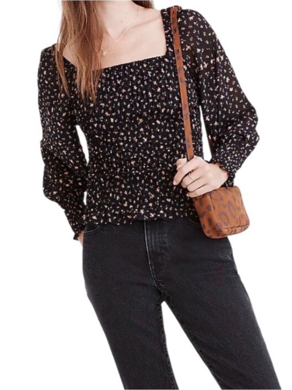 Madewell Black Floral Smocked Square-Neck Blouse